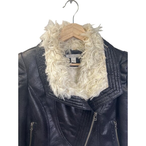 Boston Proper Black Faux Leather Off White Shearling Collar Moto Jacket - Picture 2 of 10